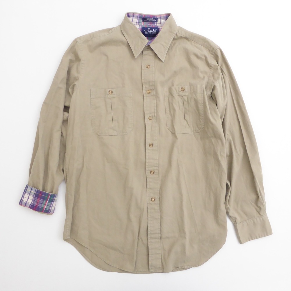 Woolrich Mens Safari Shirt Tan Plaid Lined Long Sleeve Cotton Large